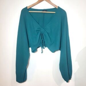 Urban Outfitters Ruche Long Sleeve Bow Tie Front Crop Top Size Large‎ Green